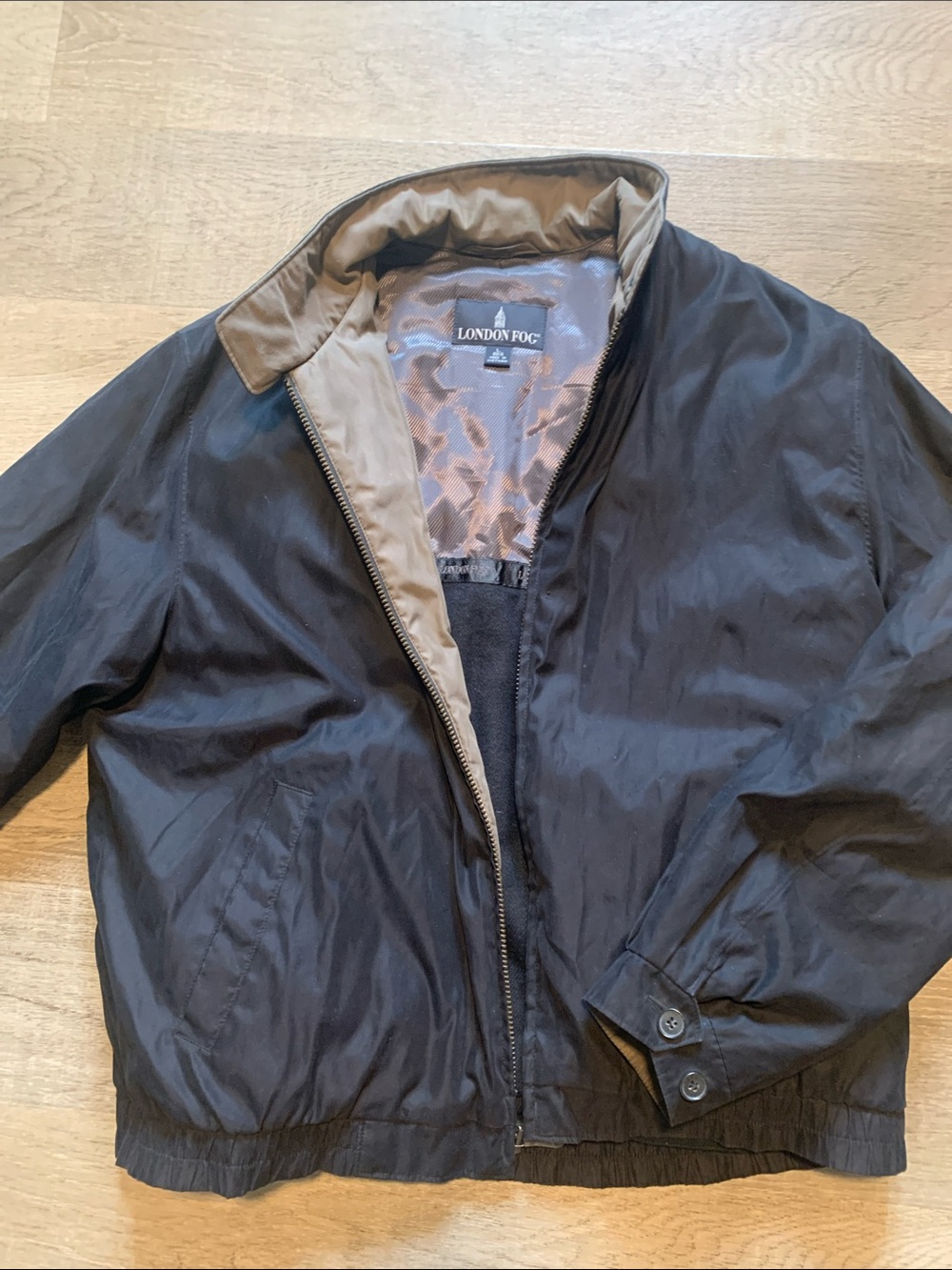 London Fog Black Bomber Jacket with Tan Collar Lining